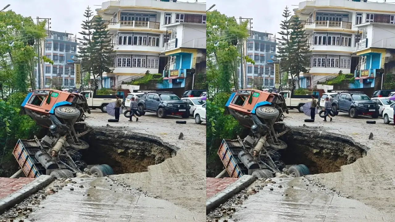 সিকিমে বৃষ্টির কারণে দুর্ঘটনার কবলে মালবাহী ট্রাক গাড়ি।