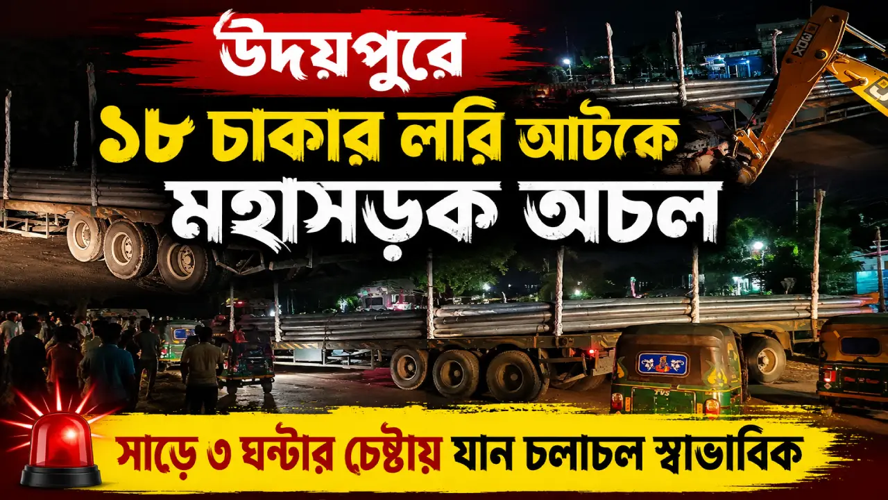 উদয়পুরে ১৮ চাকার লরি আটকে মহাসড়ক অচল : সাড়ে ৩ ঘণ্টার চেষ্টায় যান চলাচল স্বাভাবিক