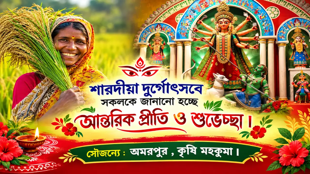 শারদীয়া দুর্গোৎসবে সকলকে জানানো হচ্ছে আন্তরিক প্রীতি ও শুভেচ্ছা ।  সৌজন্যে : অমরপুর , কৃষি মহকুমা  ।