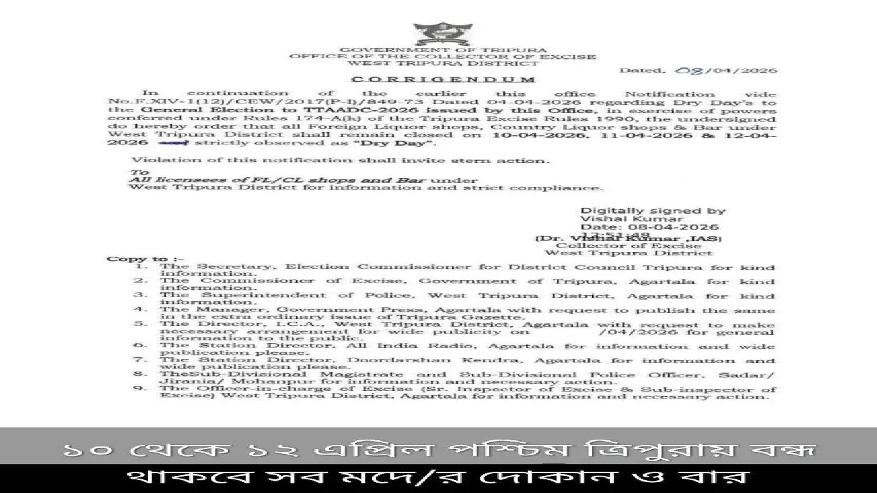 ত্রিপুরায় টানা তিন দিন বন্ধ থাকবে সমস্ত মদের দোকান ও বার